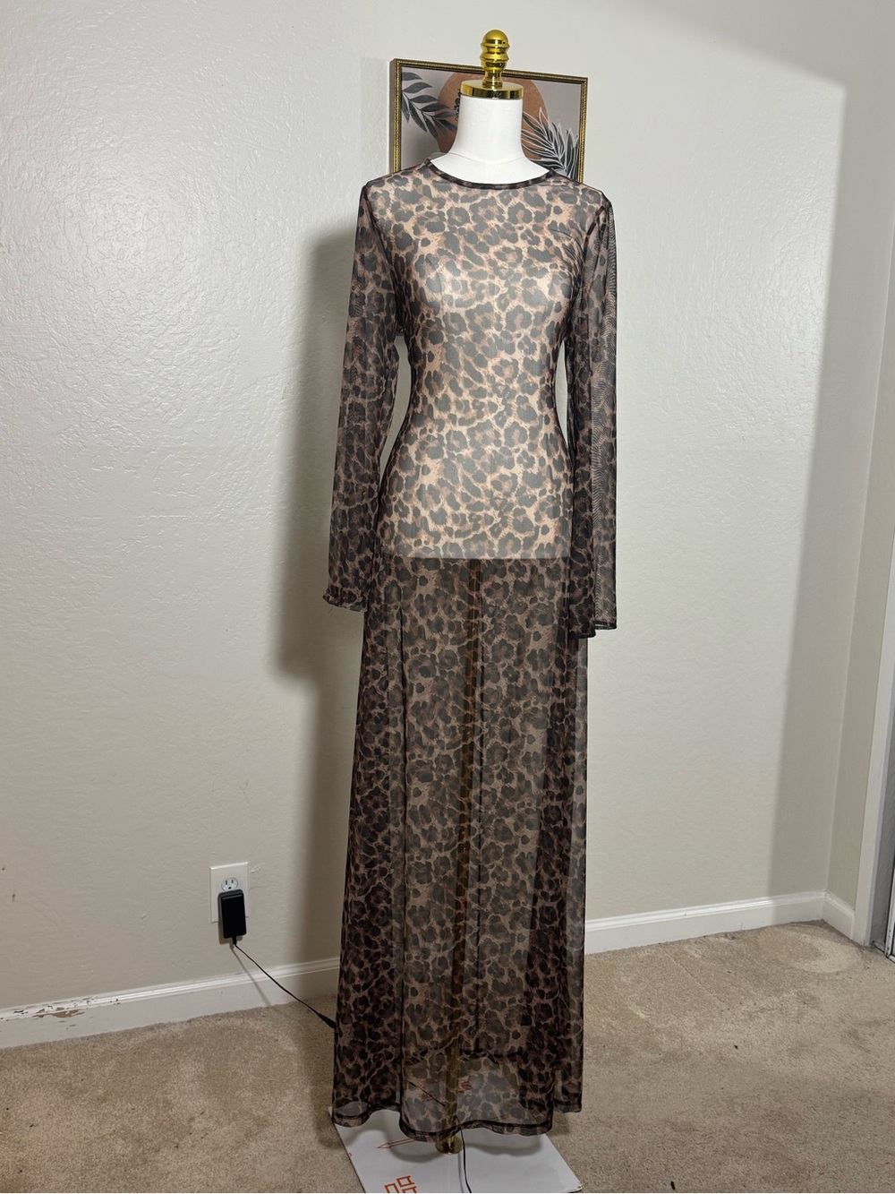 Sheer Leopard Print Long Sleeve Maxi Dress - Brown